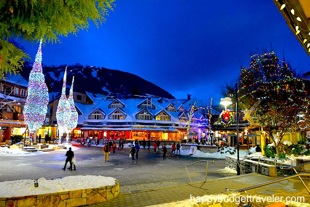 Night-time view of Village Square, Whistler