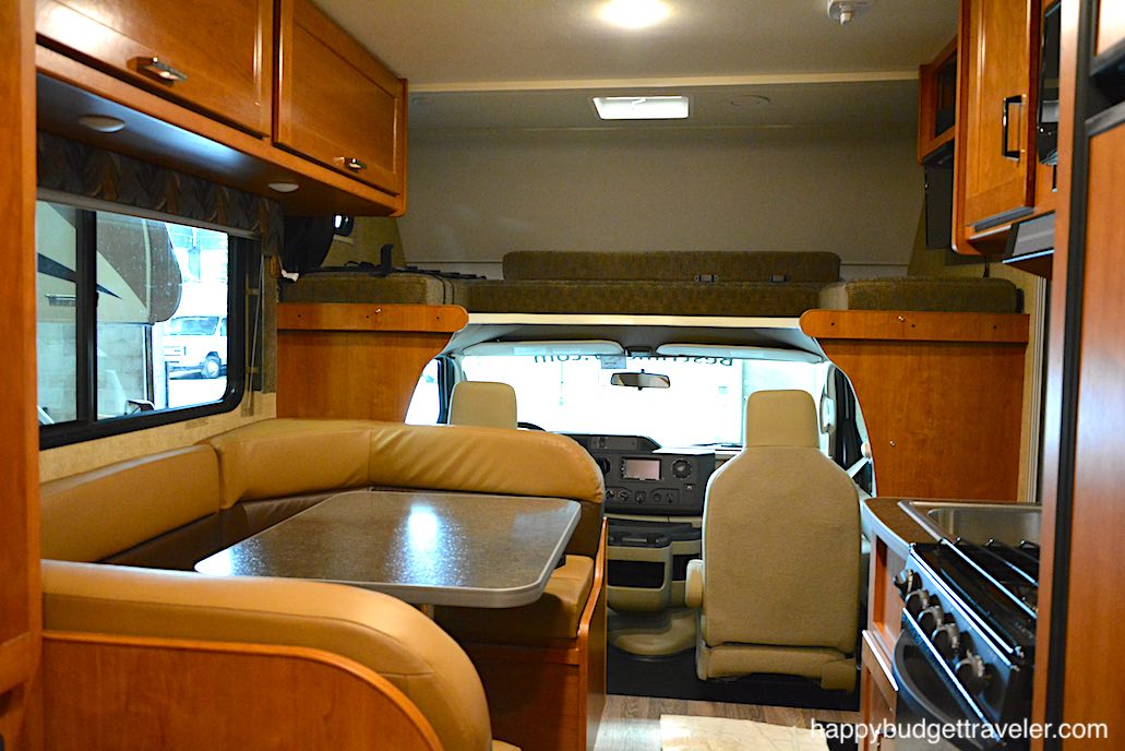 Picture of the Dining area and forward facing view in a Winnebago Minnie Winnie 23'