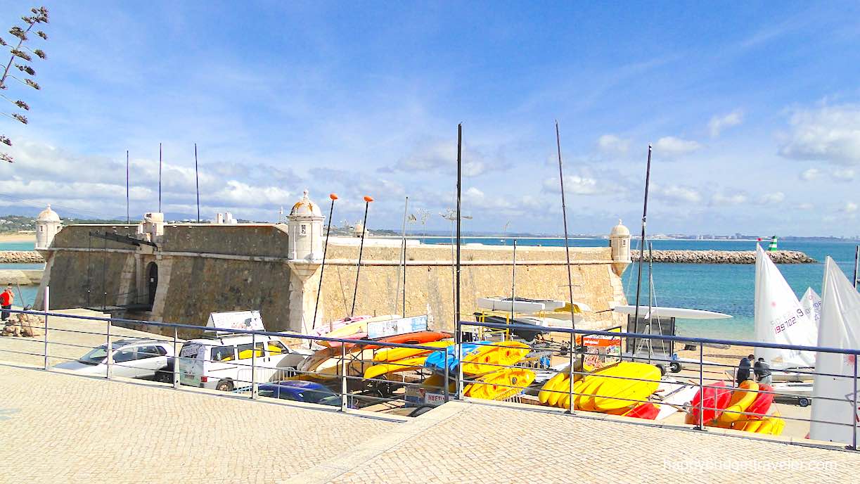 Picture of the Bandeira Fort and Sailing club at Batata Beach, Lagos, Algarve region-Portugal