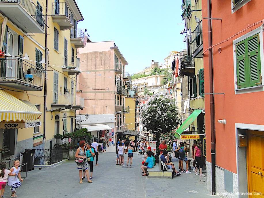 Picture of a village street with the Castle in the background, Riomaggiore-Cinque Terre, Italy