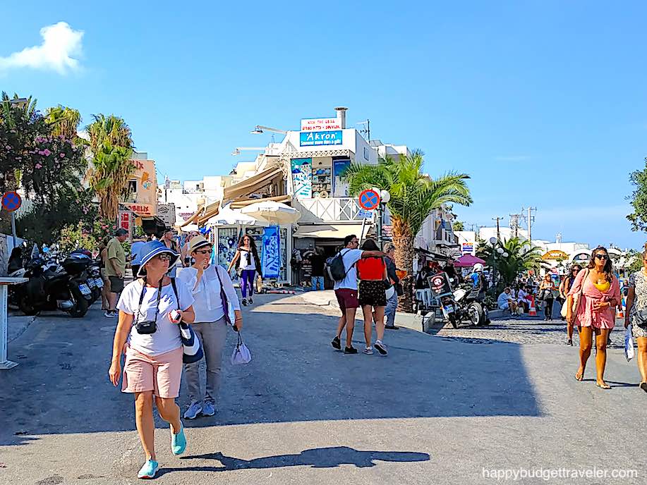 Picture of a typical street in Thera with bars, restaurants, souvenir shops and safe walking spaces. Thera, Santorini