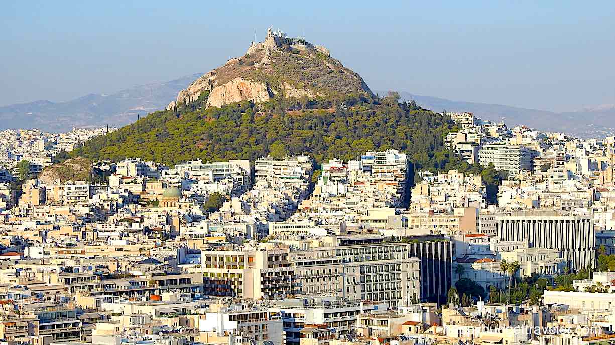 Picture of Mount Lycabettus with St. George church at the summit. Athens, Greece