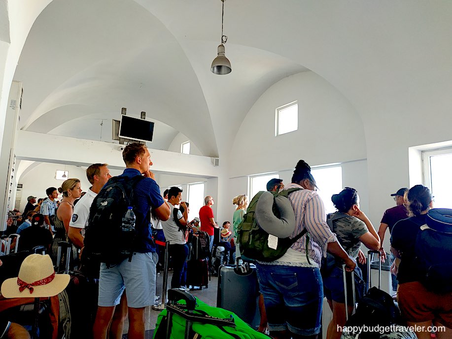 Picture of the waiting area of the Ferry terminal in Athinios, Santorini