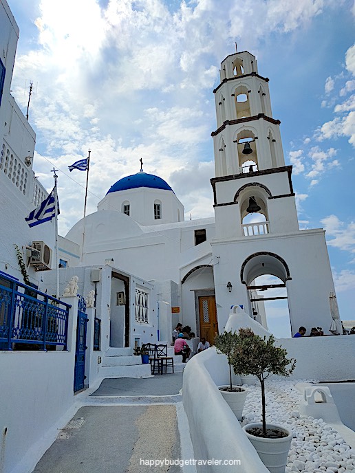 Picture of the magnificent bell tower of the blue-domed church of the Transformation of God, Pyrgos, Santorini