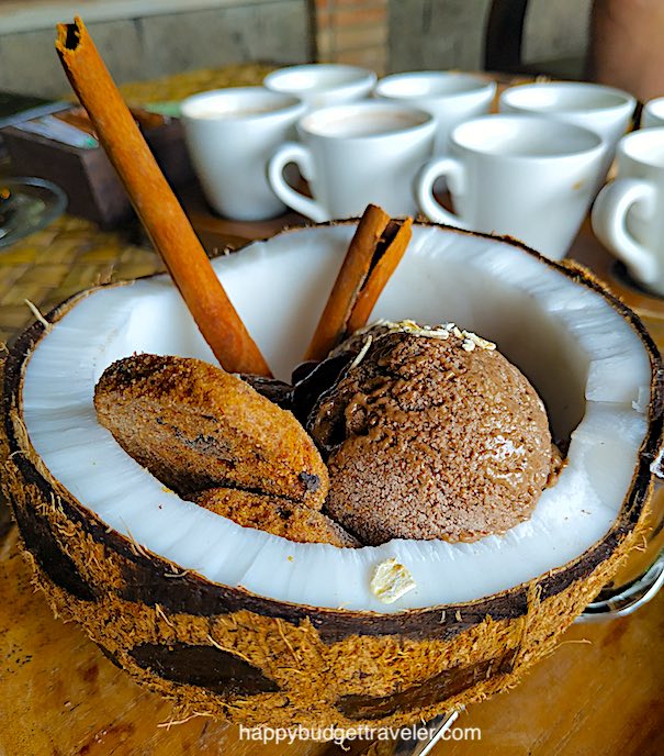 Picture of Coffee flavored ice-cream with coconut and cinnamon in a coffee boutique. Tegallalang, Bali