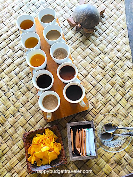 Picture of a tray of various flavored coffees for sampling. Tegallalang, Bali