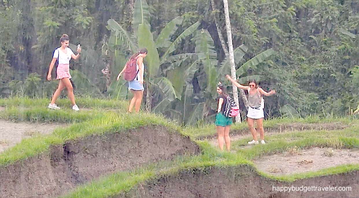 Picture of people Caught in the rain on the rice terraces. Tegallalang, Bali